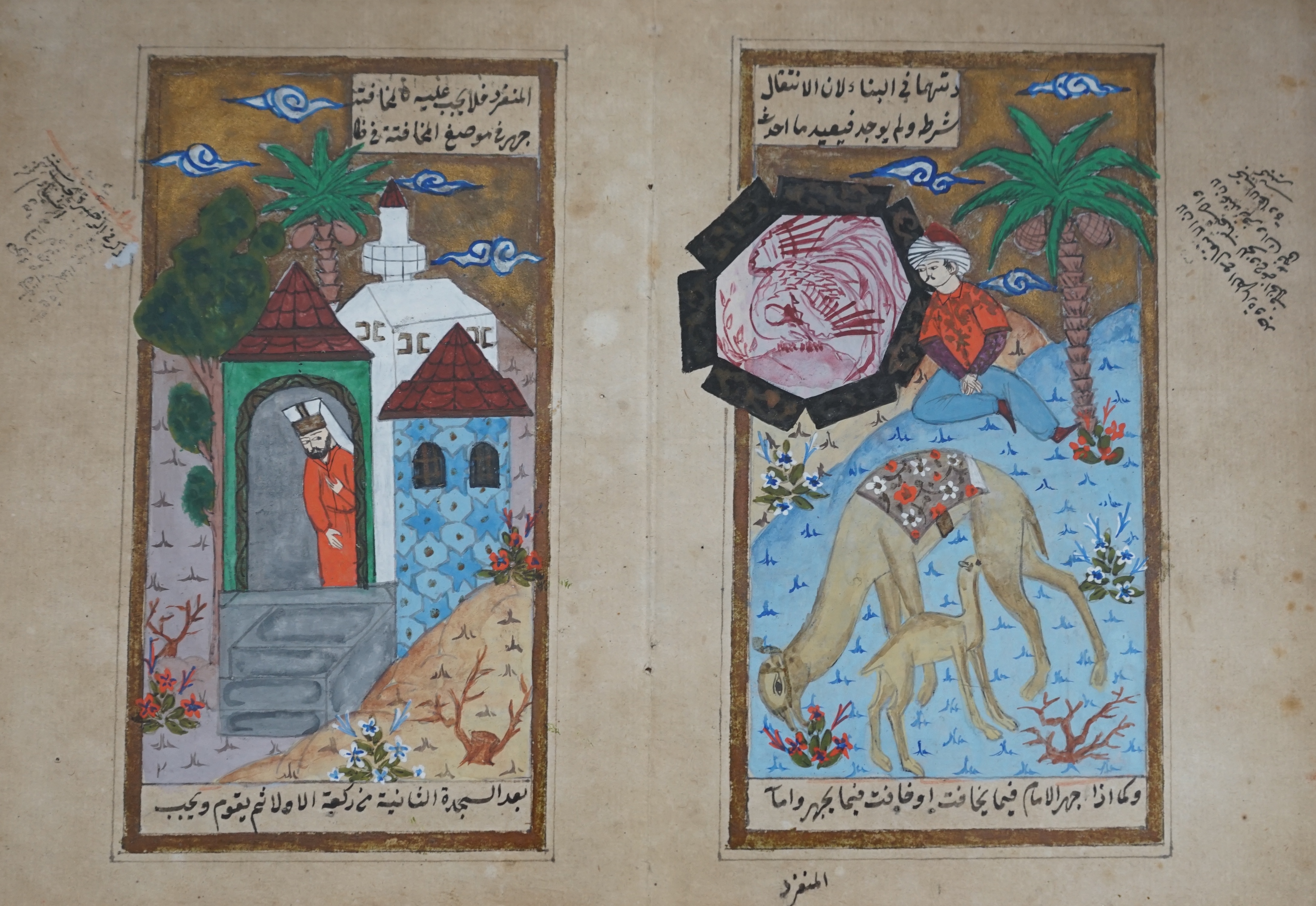 19th century, Persian School, miniature printed book pages, figures and camels, housed in a Vizagapatam frame, 17 x 23cm. Condition - fair